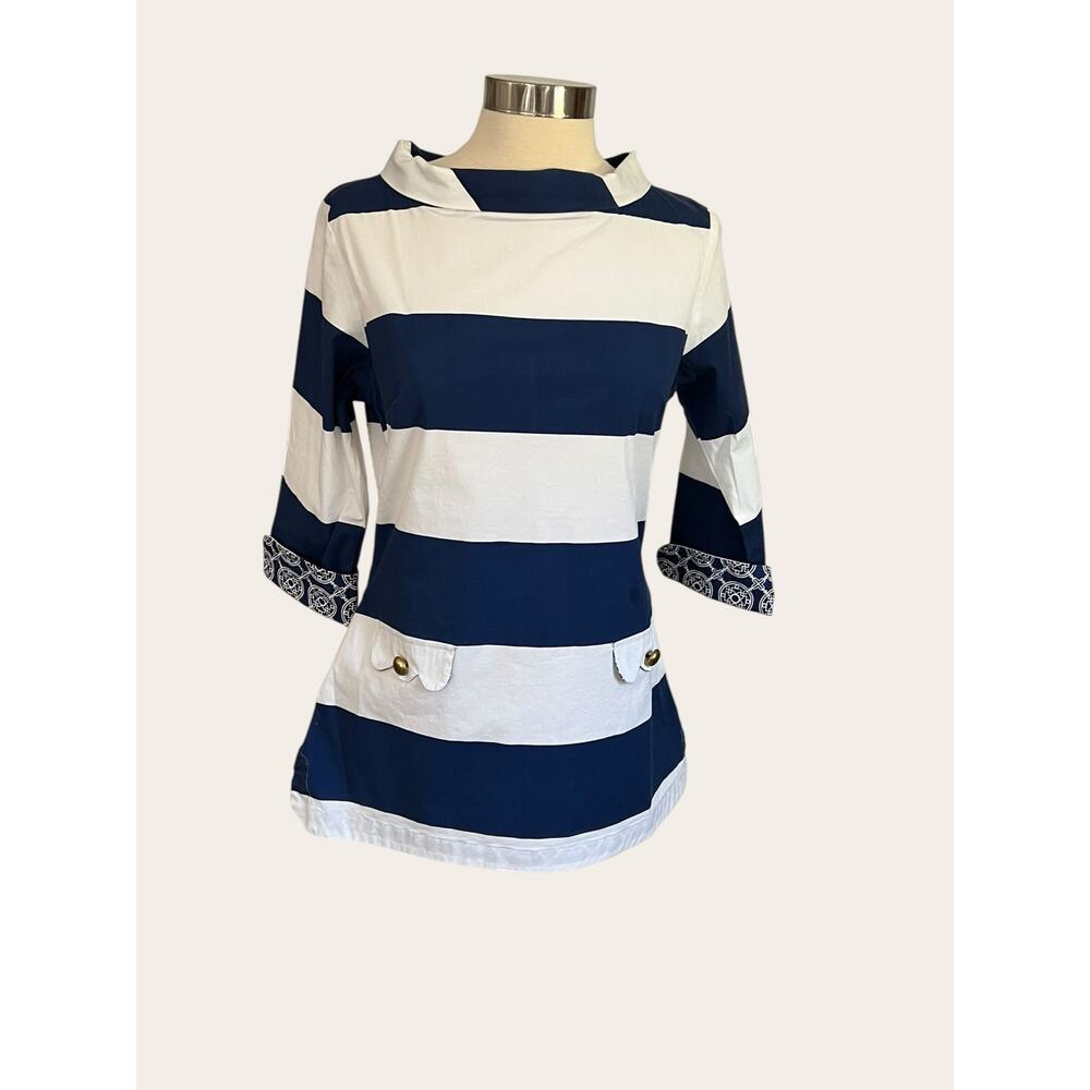Tizzie Navy & White Striped Boatneck Tunic Top 3/4 Sleeve Coastal Nautical Small